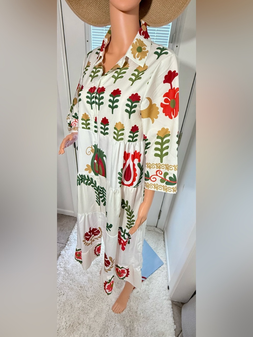White Maxi Dress with Red, Green & Gold Floral Print. Super Comfy! NWOT